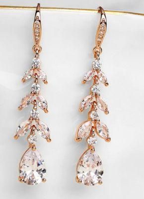 Wedding Pear Leaf Shape CZ Earring Jewelry, Bridal Elegant CZ Earring Necklac Jewelry, Rose Gold Earring