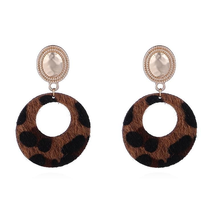 Fashion Jewelry PU Leather Leopard Elegant Horse Fur Circle Stud Earrings