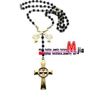Fashion Jewelry Boondock Cross / Gun with 6mm Black Glass Bead Chain Rosary Necklace (XC310)