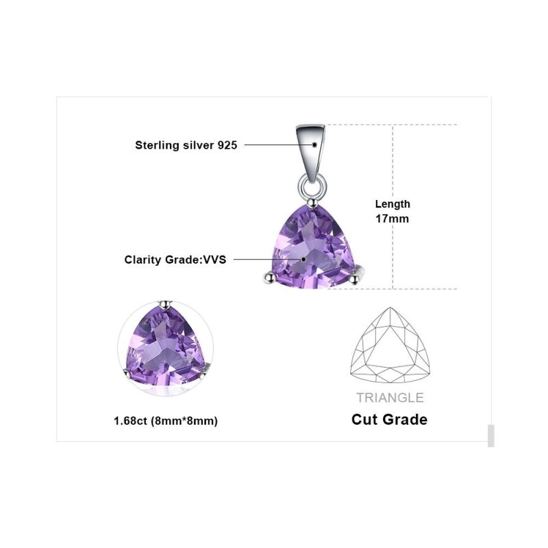 Fashion Jewellery Synthetic Amethyst Triangle Pendant Necklace 925 Sterling Silver Jewelry Set