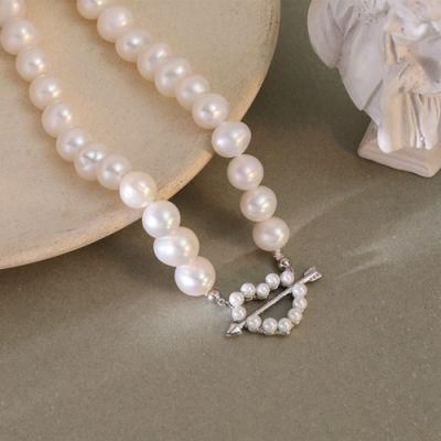 Fashionable 925 Sterling Silver Heart Bow and Arrow Baroque Pearl Necklace