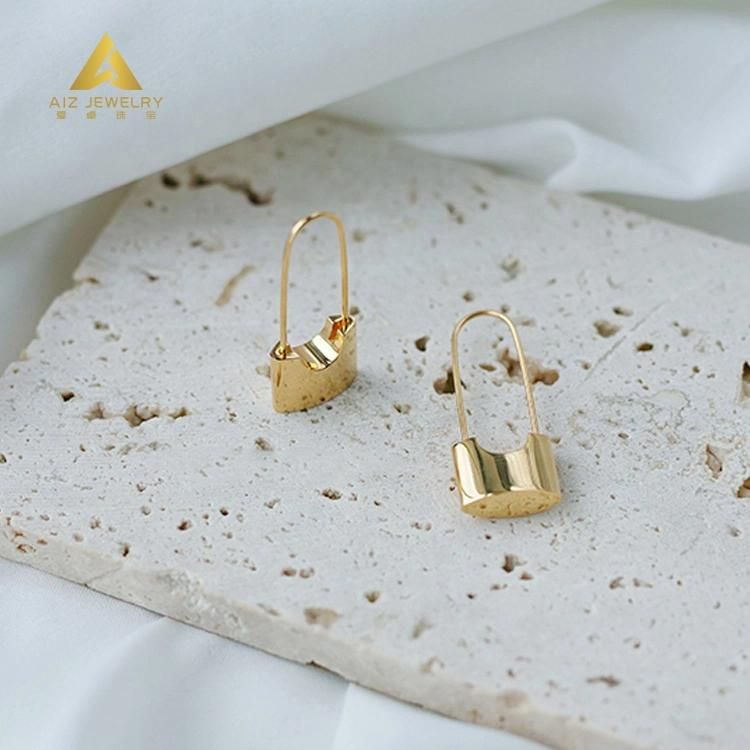 Custom Fashion Minimal Jewelry 18K Gold Plated Stainless Steel Paperclip Paper Clip Padlock Lock Long Safety Pin Hoop Earrings