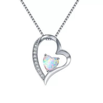 925 Sterling Silver CZ Pave Custom Blue Opal Heart Pendant Necklace