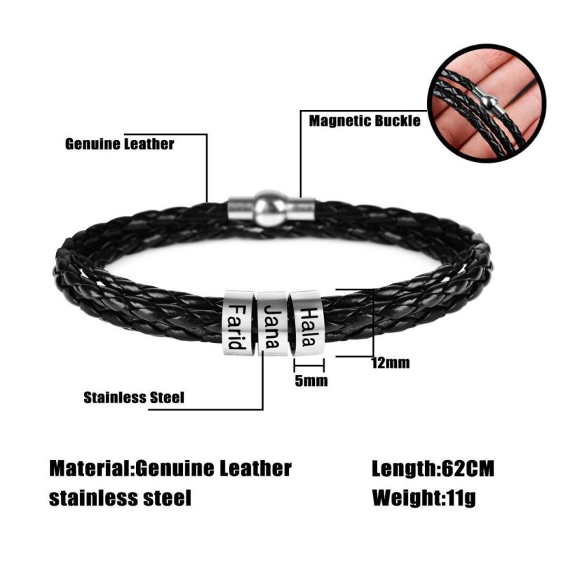 Leather Bracelet Stainless Steel Custom Beads Charm Bracelet for Men