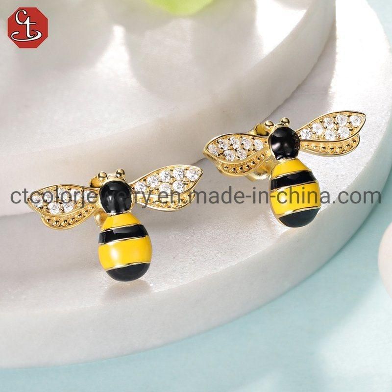 Fashion Jewelry 925 Sterling Silver or Brass Jewelry Gold Plated Enamel Little bee Earring