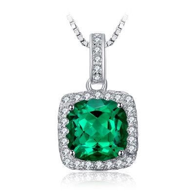 Classic Cushion Nano Russian Simulated Emerald Pendant Necklace 18 Inches 925 Sterling Silver Jewelry