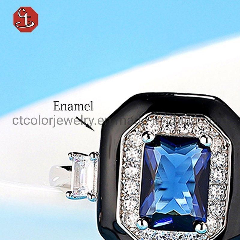 Big Luxury Jewelry trendy 925 silver Enamel shaped squar Ring