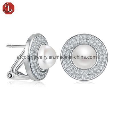 Fashion jewelry 925 silver nature pearl white CZ omega handmake black plated earrings