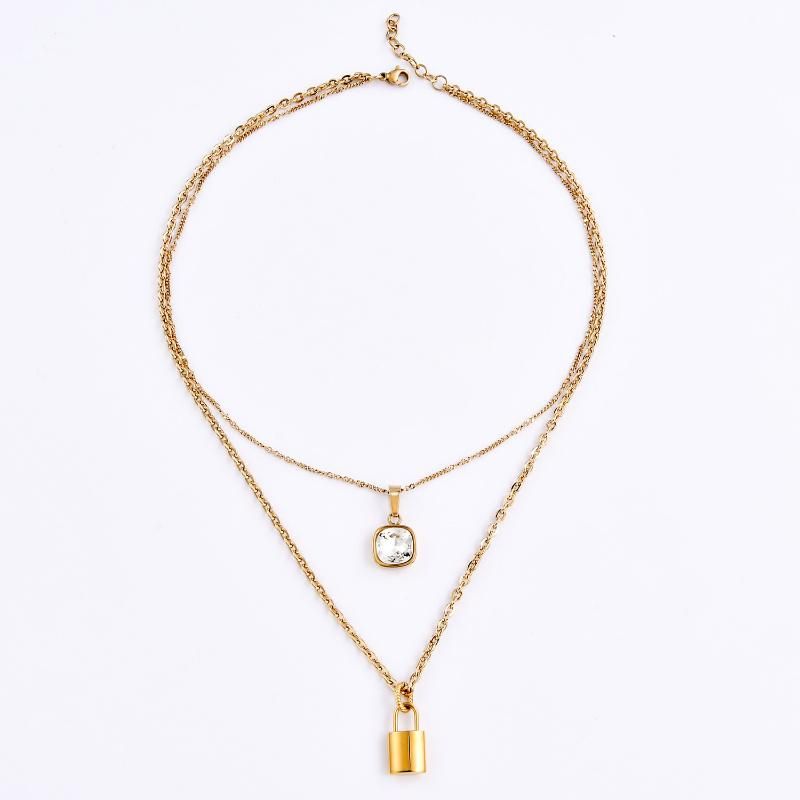 18K Gold Plated Necklace with Crystal Carat and Gold Lock Pendant Choker Layer Necklace for Women