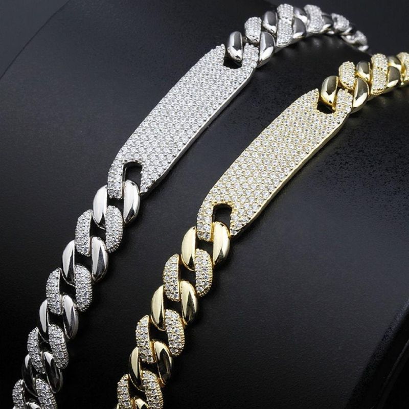 Fashion Hip-Hop Bracelet 18K Gold Plated Diamond Iced out Cuban Link Chain 925 Silver Bracelet with Buckle for Men and Women