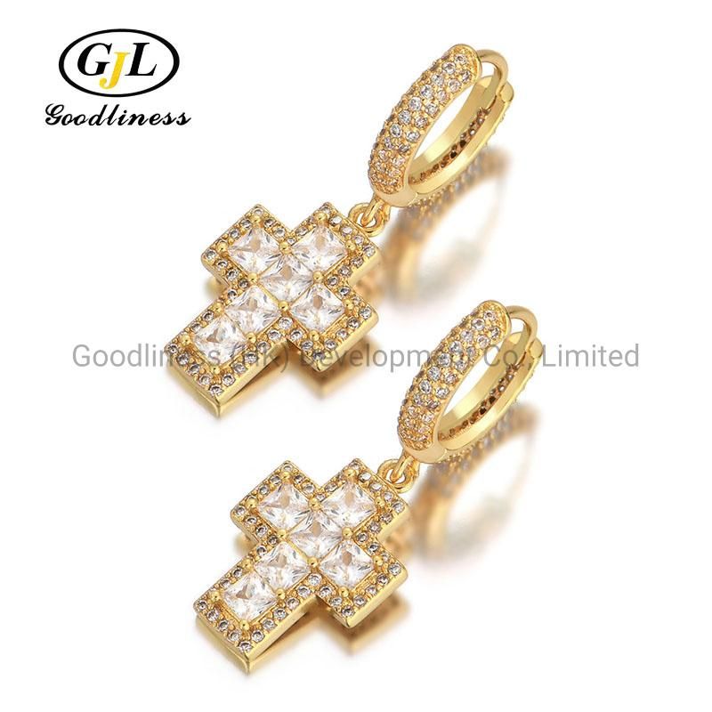 Wholesale Hip Hop Square Zirconia Micropanling Cross Eardrop Earring