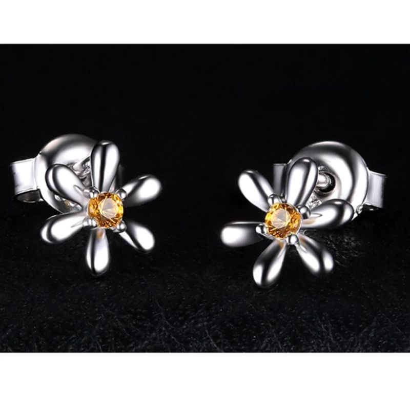 925 Sterling Silver Flower Stud Earring Created Orange Sapphire Fashion Jewelry Wholesale
