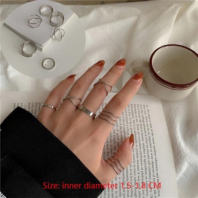 7PCS Girls Black Minimalist Metal Finger Rings Sets Fashion Accessories