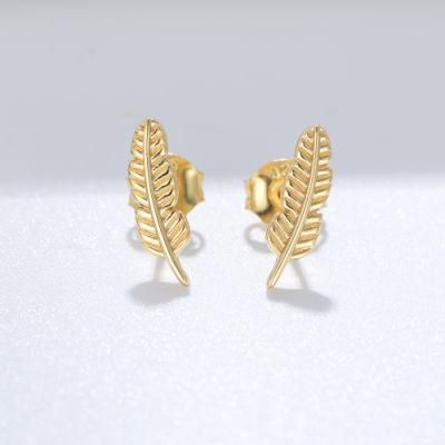 Hot Sell Trendy 925 Sterling Silver 14K Gold Plated Feather Stud Earrings