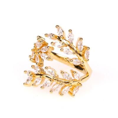 Europe and The United States Ins Trend Simple Golden Branches and Leaves Copper Inlaid Zircon Index Finger Ring
