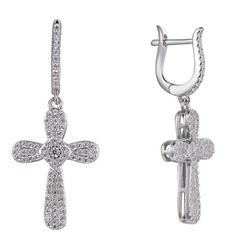925 Silver CZ Wings Cross Earring with English Clasp
