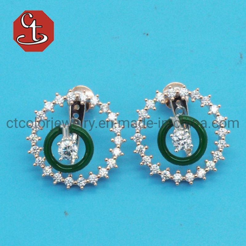 Circle Shape CZ with Green Enamel Earring Rose Gold&Rhodium Earring Sterling 925 Silver Jewelry