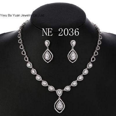CZ Birthstone Elegant Tear Drop Dangle Necklace Earrings Set Silver-Tone