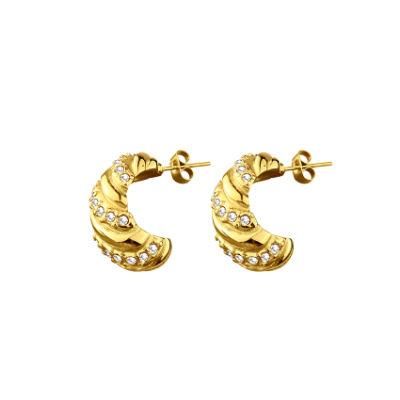 Stainless Steel Jewelry 18K Gold Plated Diamond Gong Hoop Earrings