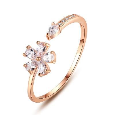 925 Sterling Silver Ring Flower with Zircon Adjustable Finger Ring Women Fashion Wedding Party Jewelry Gift