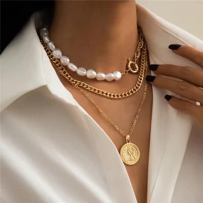 Manufacture 18K Gold Plated Multiple Necklace Pearl Ot Lock Clasp Necklace Head Coin Pendant Necklace Curb Chain Necklace for Women Party Gift