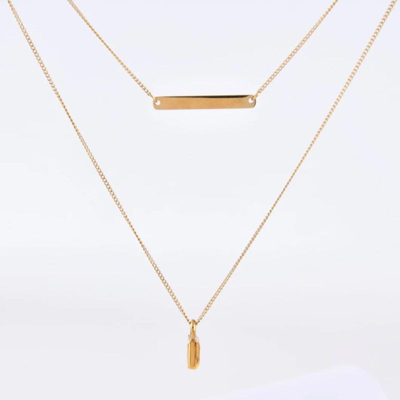 14K Gold Rectangular Strip Necklace Padlock Pendant Stainless Steel Double Necklace for Ladies Jewelry Gift Design
