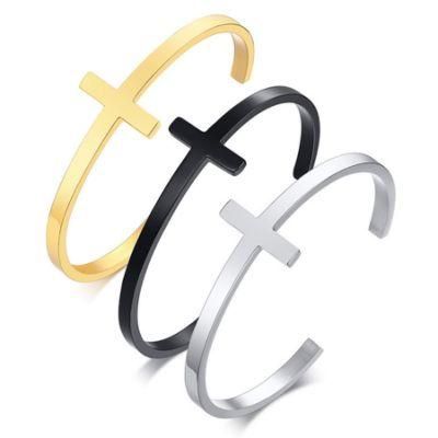 Simple Style Stainless Steel Cross Open Bracelet Black Men&prime;s and Women&prime;s Bracelets