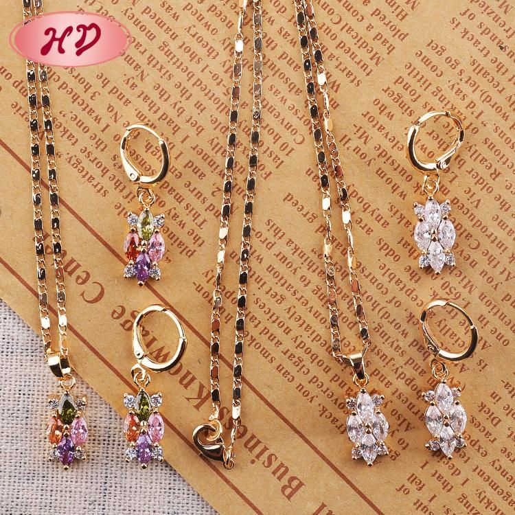 Fashion Wedding Silver Gold Plated Alloy Ring Necklace Earring Jewelry Set with Crystal CZ Pearl
