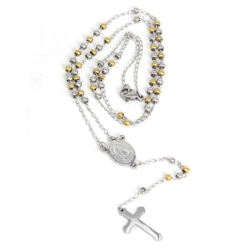 18K Gold Plated Stainless Steel Religious Catholic Necklace Virgin Mary Maria Pendant Men Women Beaded Ball Necklace