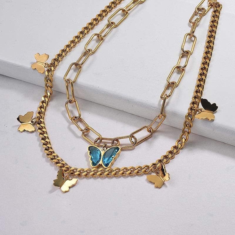 Wholesale Stainless Steel 18K Gold Pendant Charm Butterfly Layered Women Necklace