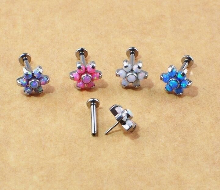 High Quality ASTM F136 Titanium Threadless Push Pin Opal Flower Labret Lip Ring Piercing Jewelry