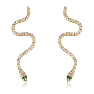 Fashion 925 Sterling Silver 14K Gold Plated Zircon Snake Stud Earrings