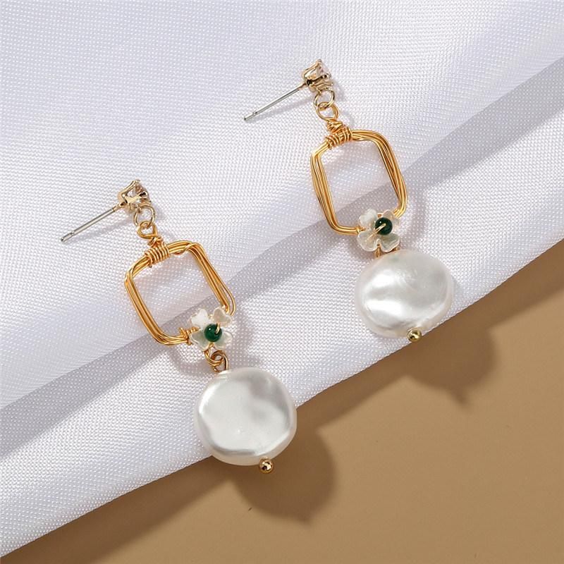 Wholesale Manufacture New Trendy Geometric Square Wirs Coin Pearl Flower Shell Drop Earrings with Crystal Cubic Zircon for Fashion Women Accessories