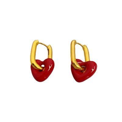 Gold U-Shaped Earrings with Enamel Glazed Peach Heart Earring