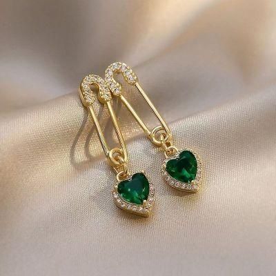 New Design Pin Crystal Green Heart Earrings