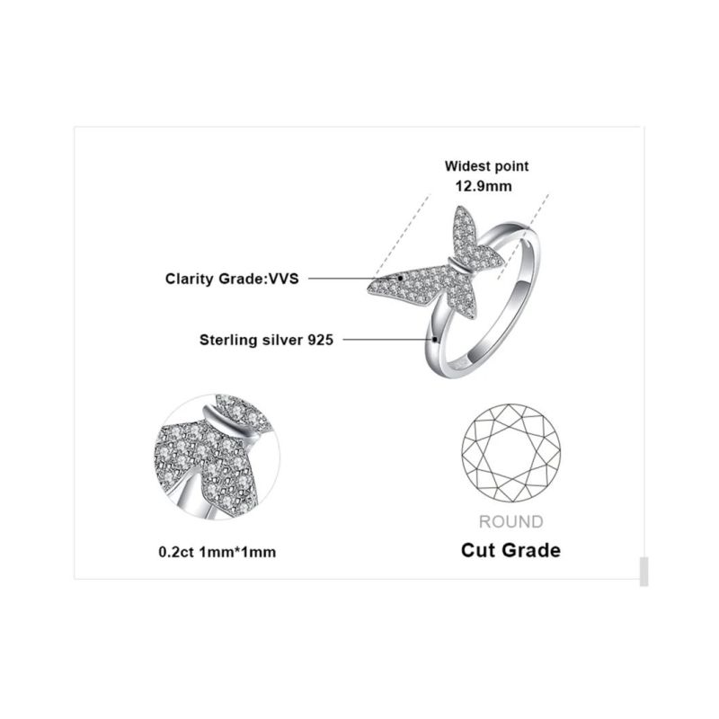 Fashion Jewelry 925 Sterling Silver Cubic Zirconia Butterfly Ring for Women Wholesale