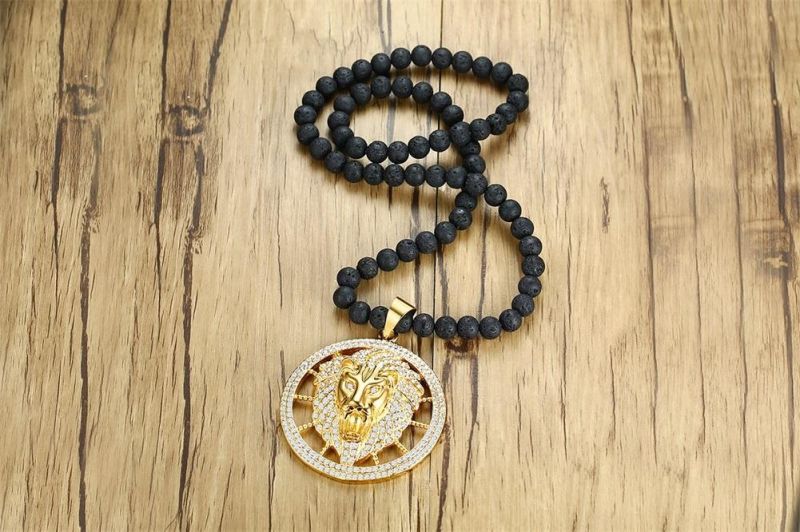 Handmade Beads Chain Mens Lion Head Pendant Necklace for Men and Women