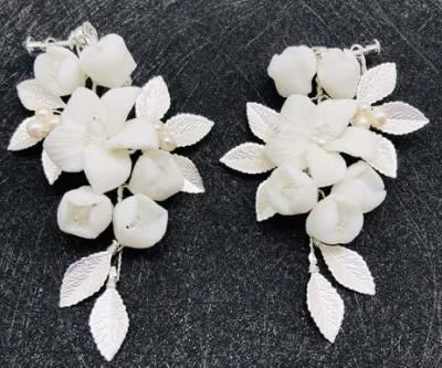 Wedding Ceramic Flower Earrings, Bridal Crysatl Flower Earrings