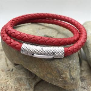 Double Genuine Red Leather Rope Braided with Metal Buckle Bracelets