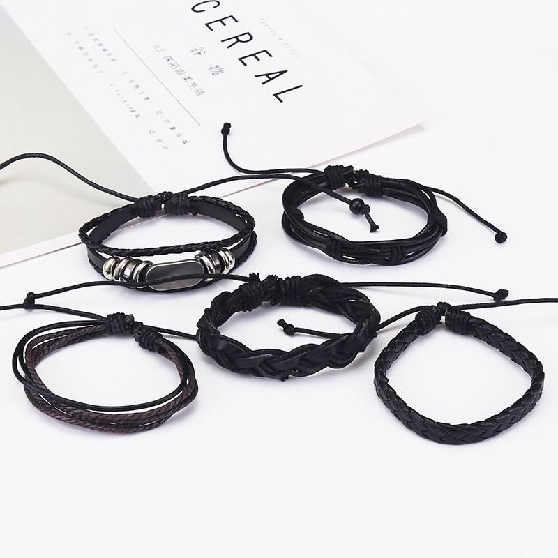 Europe and America Simple Retro Set Bracelet DIY Woven Cowhide Bracelet Punk Bracelet Men′ S Hemp Rope Leather Bracelets