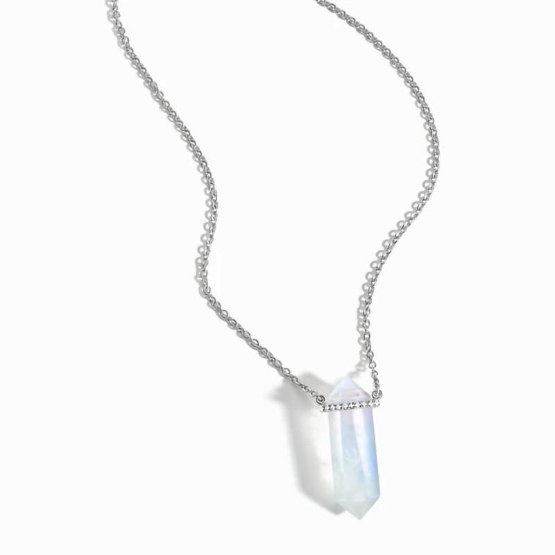 S925 Sterling Silver Hexagon Pillar Crystal Moonstone Charm Necklace