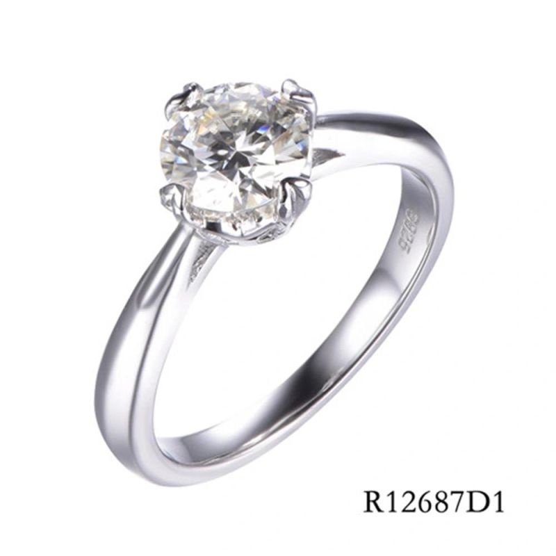 Classical 925 Sterling Silver Clear 1CT 6.5mm Moissanite Main Stone Ring