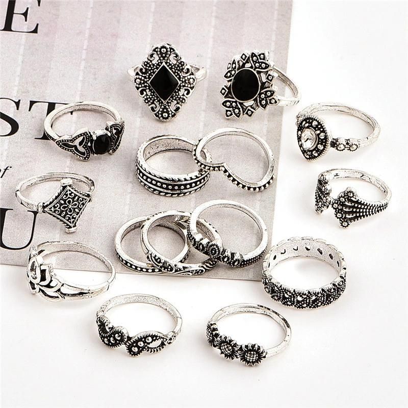 15 PCS/Set Bohemia Retro Leaves Lotus Silver Rings Set Fashion Jewelry