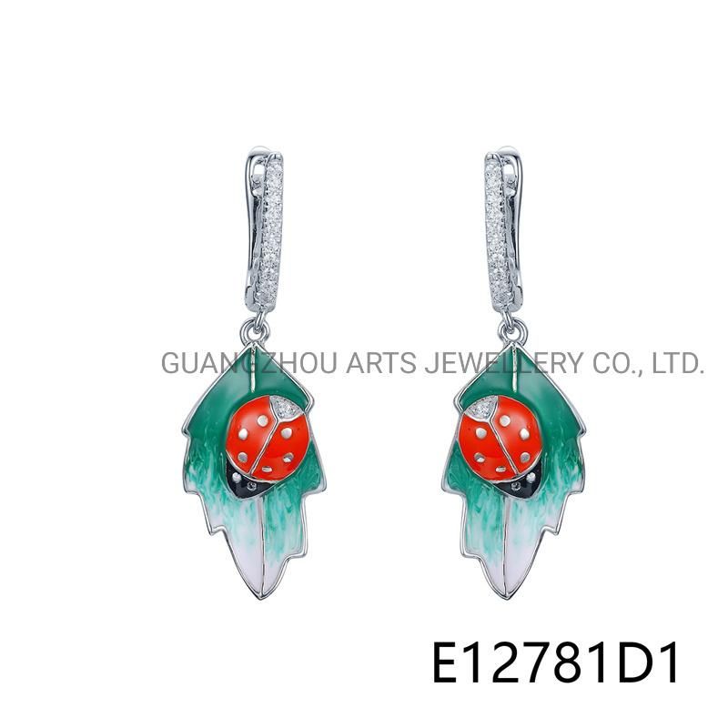 Handmade Enamel Chrysanthemum & Bug 925 Silver Stud Earring