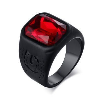 Euramerican Style Fashion Jewelry Stainless Steel Red Glass Ring Black Ring