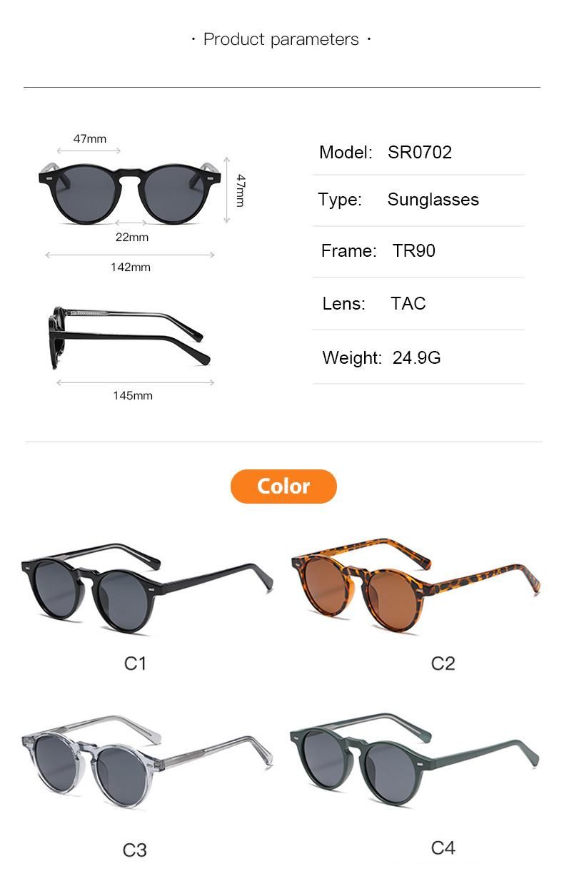 2022 High Quality Tr90 Round UV400 Tac Polarized Custom Designer Sunglasses with Metal Insert Hinge Wholesale Sunglass