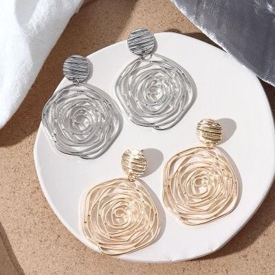 European Chic Style Metal Filigree Rose Flower Pendant Drop Earring with Round Textured Disc Stud Earring