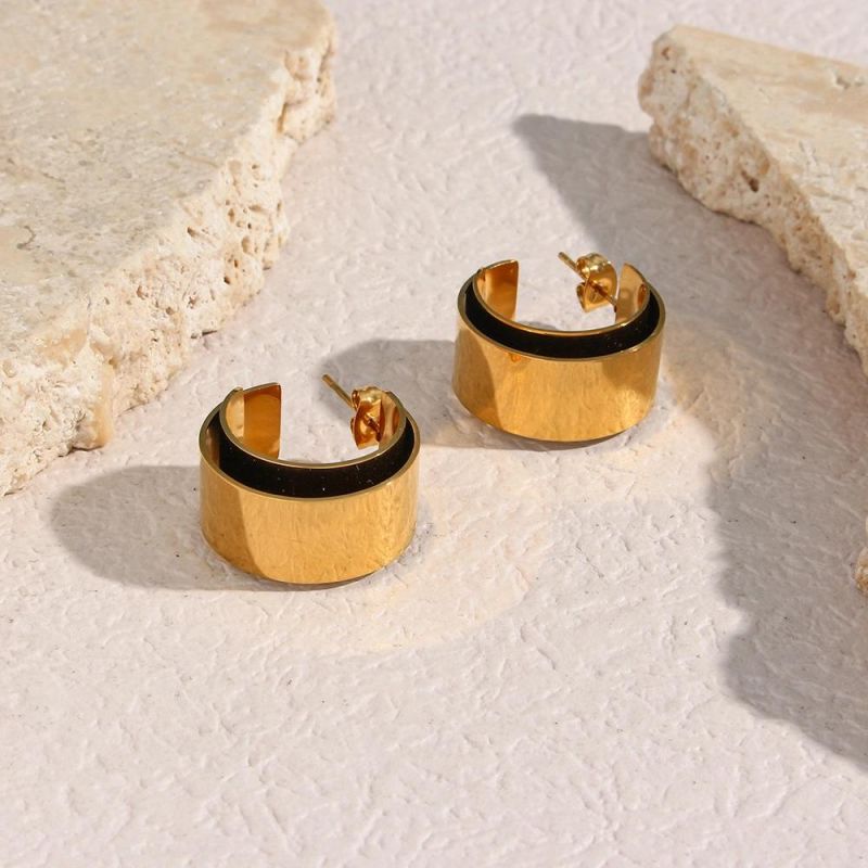Factory Customized Fashion Jewelry Fashion Personality Ins Temperament Earrings Jewelry Women′s Stainless Steel 18K Gold Plated Double-Layer Wide Smooth Earring