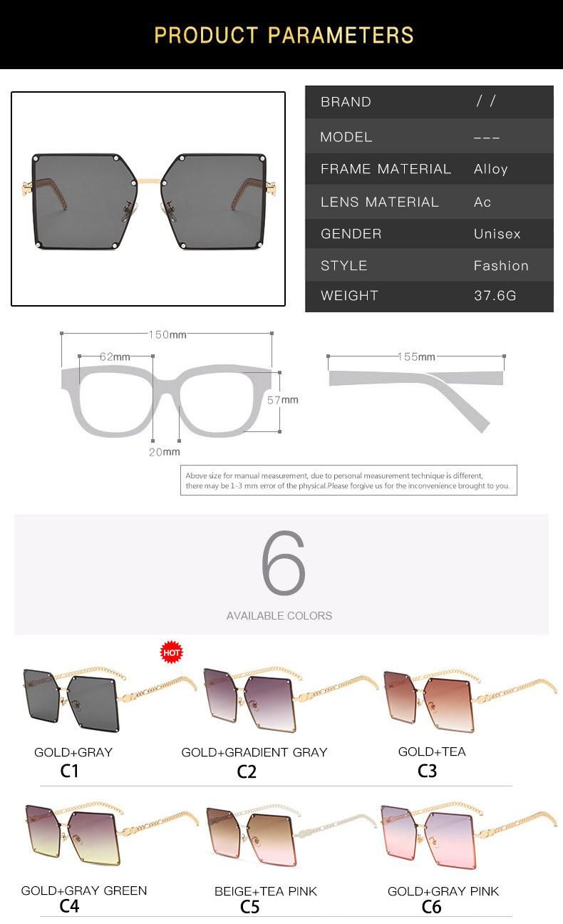 Best Price Latest Western Style Replicas Fashion CE Lentes De Color Women Ladies Promotional Large PC Square Oversized Rimless Frame Sunglasses Sun Glasses