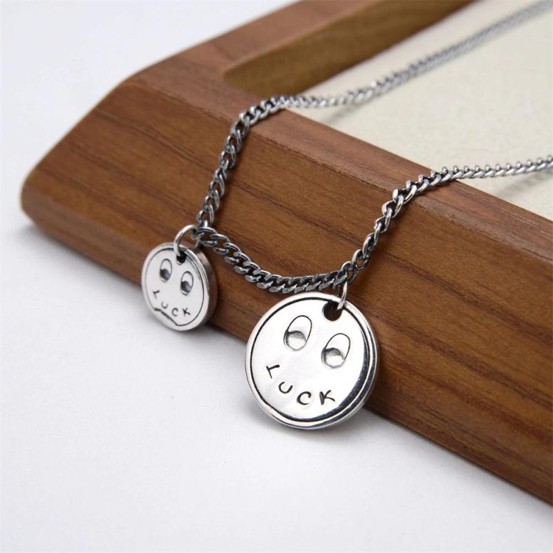 Luck Eye Smiley Round Plaque 925 Sterling Silver Necklace